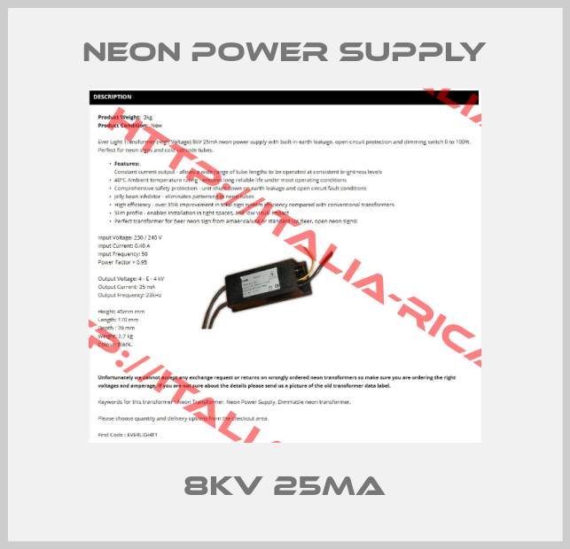 Neon Power Supply-8KV 25MA