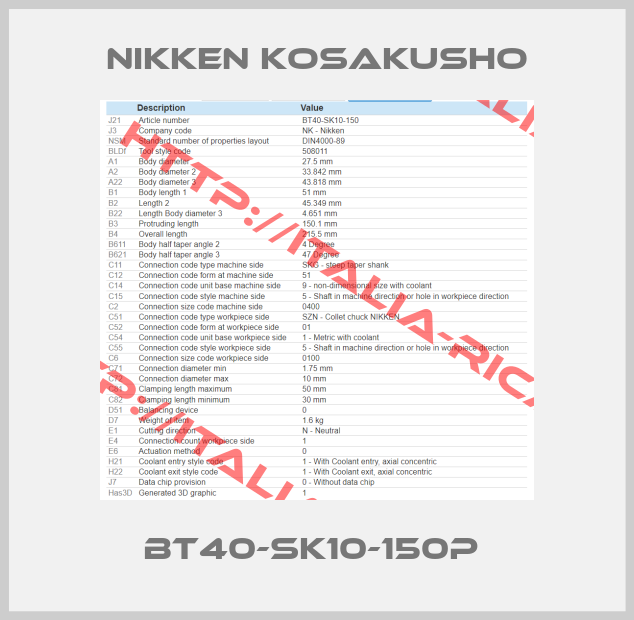 NIKKEN KOSAKUSHO-BT40-SK10-150P 