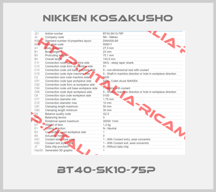 NIKKEN KOSAKUSHO-BT40-SK10-75P 